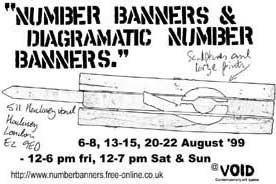 Postcard advertisement from the Number banners and dia' banners exhibition at the Void gallery.