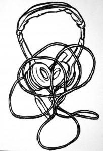 Drawing of a computer headset in black oil pastel.