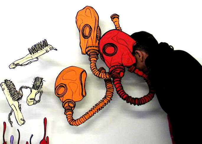 Jesús Andrés with gas mask drawings
