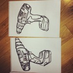 Drawings of Drills, gloves and Skulls