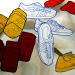 Drawings of an Asics trainer and a tub of crackers.